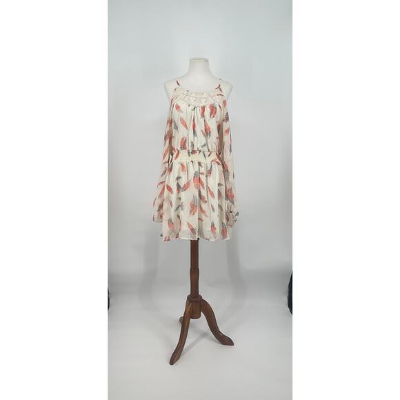 Xhilaration Feather Smocked Dress Coral Cream Size M Boho Milkmaid - Picture 2 of 6
